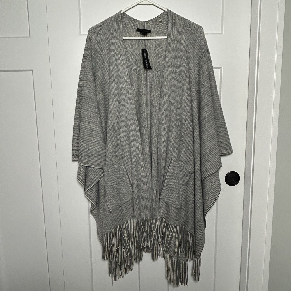 *NEW* Steve Madden Grey Open Front Fringe‎ Boho Knit Cardigan Pockets (One Size)